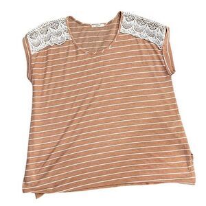 EASEL FOR ANTHROPOLOGIE Women’s Beige White Striped Lace Cap Sleeve Top Size Med